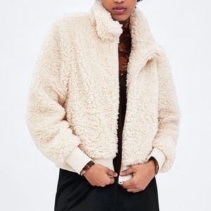 Zara TRF Teddy Sherpa Faux Fur Bomber Jacket | Ivory Cream | Size Small